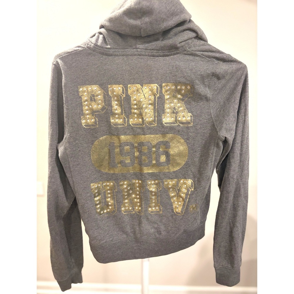 Vintage Y2K Victoria's Secret PINK Gold Rhinestone Zip Hoodie Gray M McBling